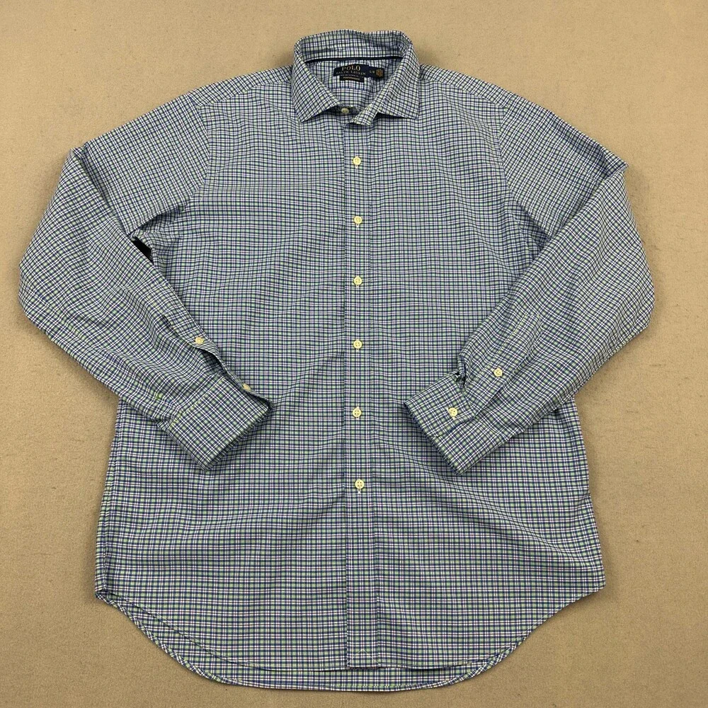 Polo Ralph Lauren Shirt Men Large Blue Plaid Performance Long Sleeve Button Up L